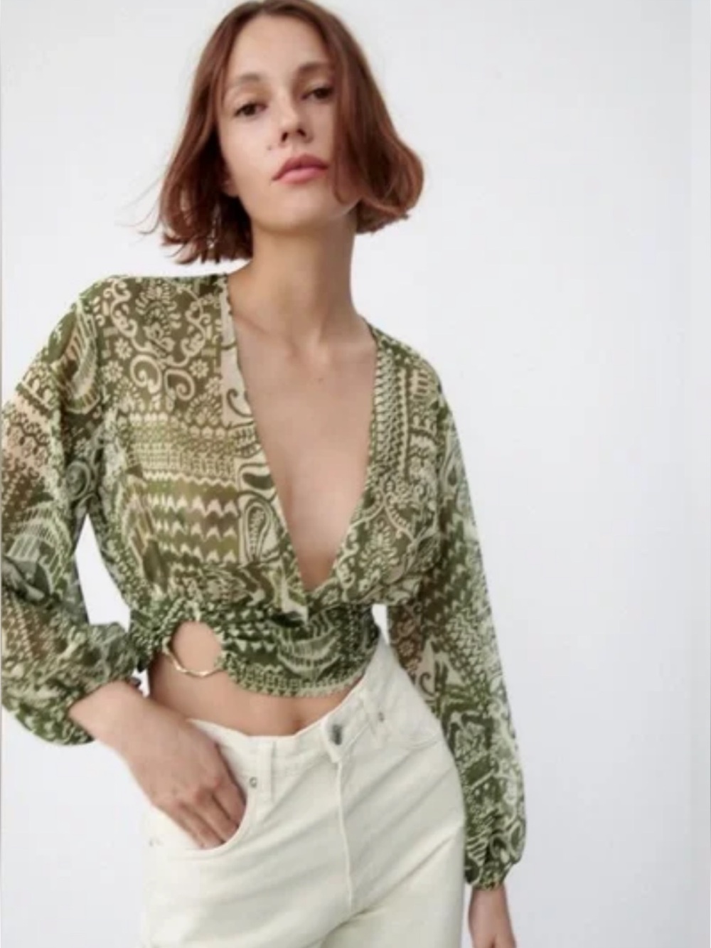 Zara Olive Green Printed Wrap Deep V-Neck Long Sleeve Sheer Top